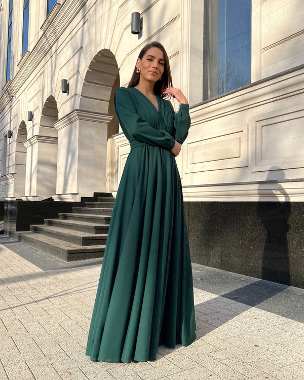 Rochie eleganta de seara lunga din voal verde - BELLADRESS