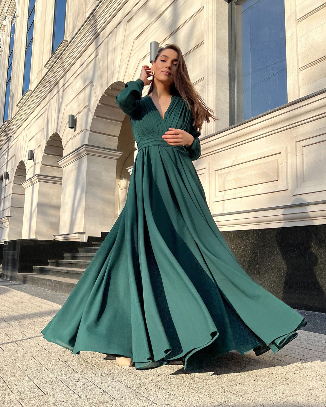 Rochie eleganta de seara lunga din voal verde - BELLADRESS