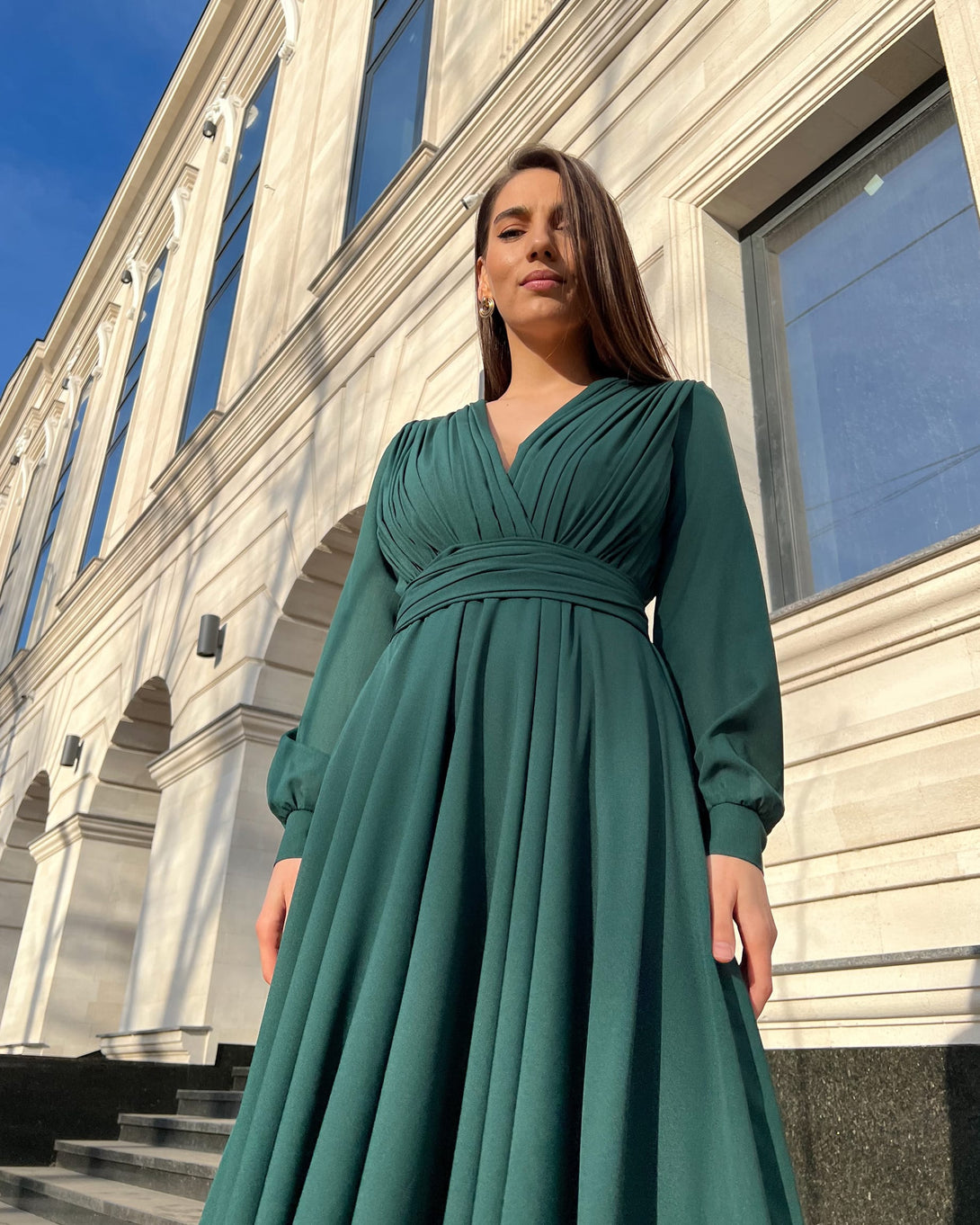 Rochie eleganta de seara lunga din voal verde - BELLADRESS