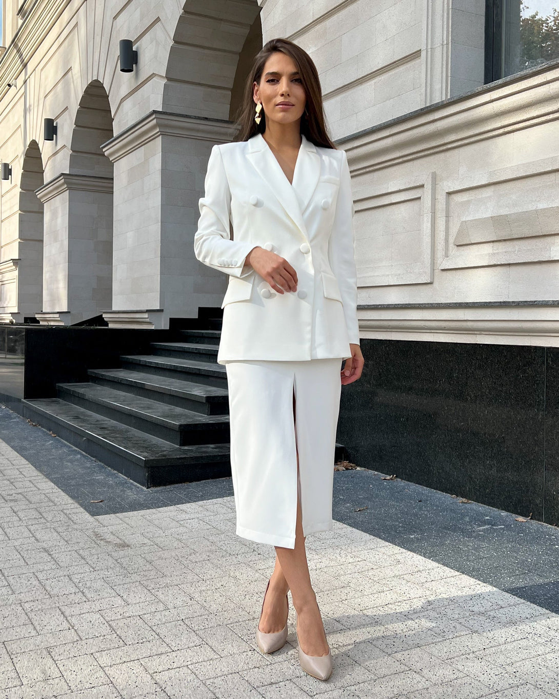 Sacou alb de costum elegant cu două rânduri de nasturi - BELLADRESS